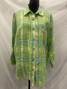 Real Comfort Plaid Linen Button Down Shirt XL Lime Green